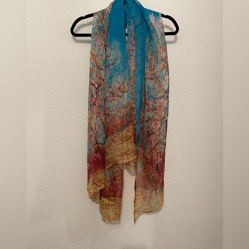 100% Silk Women Scarf Large Shawl long Wrap floral yellow blue red 66x40”
